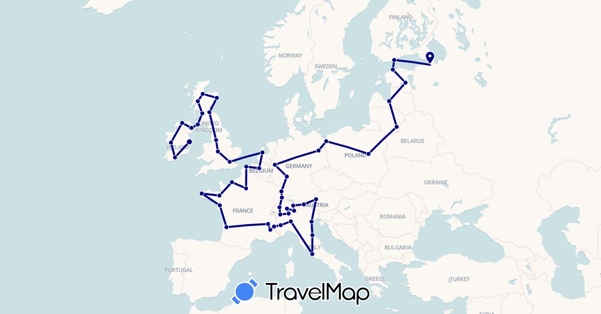 TravelMap itinerary: driving in Austria, Belgium, Switzerland, Germany, Estonia, Finland, France, United Kingdom, Ireland, Italy, Liechtenstein, Lithuania, Latvia, Netherlands, Poland, Russia, San Marino (Europe)