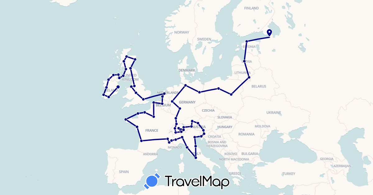 TravelMap itinerary: driving in Austria, Belgium, Switzerland, Germany, Estonia, France, United Kingdom, Ireland, Italy, Liechtenstein, Lithuania, Latvia, Netherlands, Poland, Russia, Slovenia, San Marino (Europe)